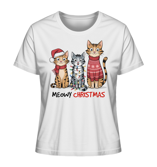 Weißes Shirt mit 3 Katzen und Schriftzug "Meowy Christmas"