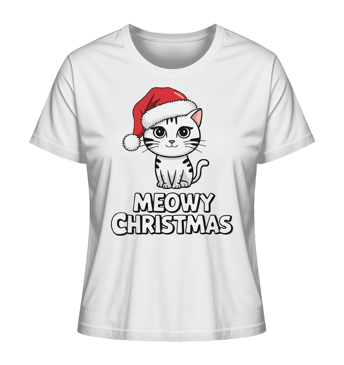 Weißes T-Shirt mit süßer weißer Katze mit Weihnachtsmütze und dem Schriftzug „Meowy Christmas“