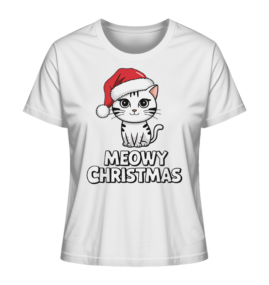 Weißes T-Shirt mit süßer weißer Katze mit Weihnachtsmütze und dem Schriftzug „Meowy Christmas“