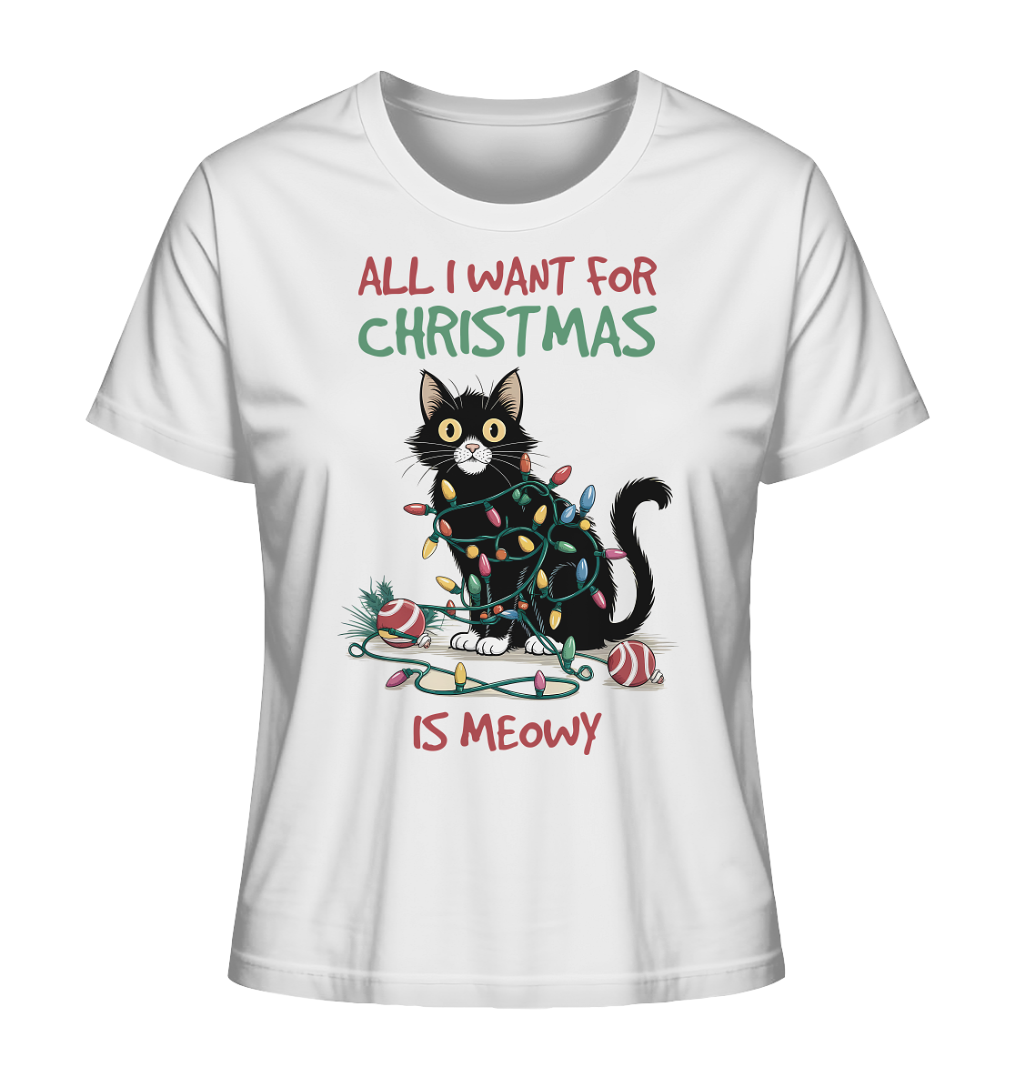 Schwarze Katze auf weißem Shirt, von bunter Lichterkette umwickelt, mit Spruch „All I want for Christmas is Meowy“