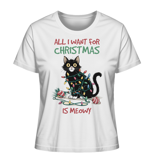 Schwarze Katze auf weißem Shirt, von bunter Lichterkette umwickelt, mit Spruch „All I want for Christmas is Meowy“
