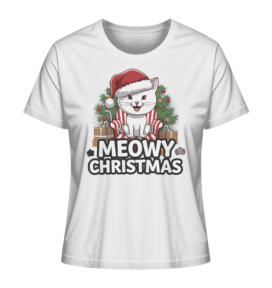 Weißes T-Shirt mit Vintage-Motiv: weiße Katze mit Weihnachtsmütze vor Weihnachtsbaum