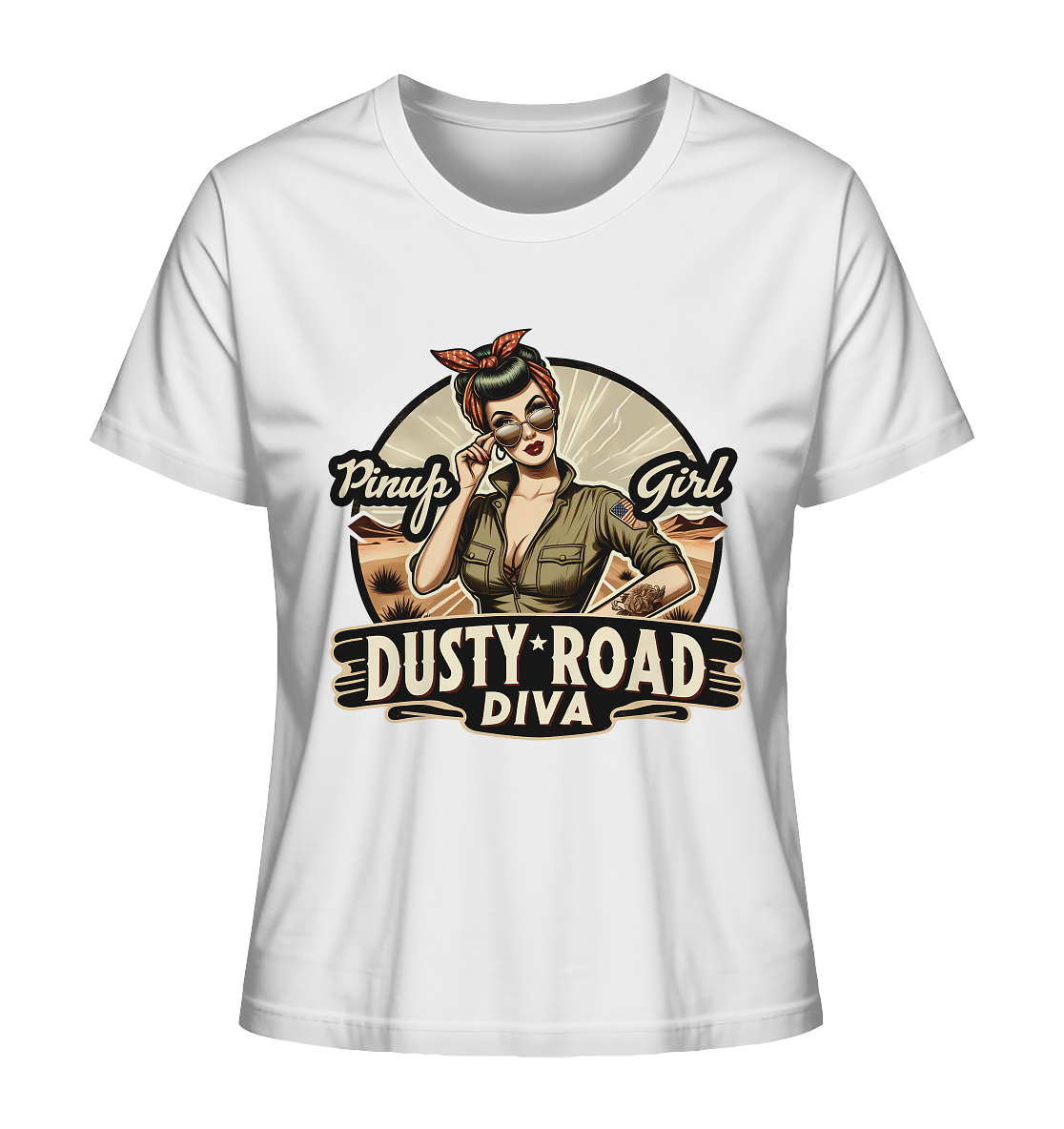 Weißes T-Shirt mit Rockabilly Motiv: Dusty Road Diva Schriftzug und 50er Jahre Frau.