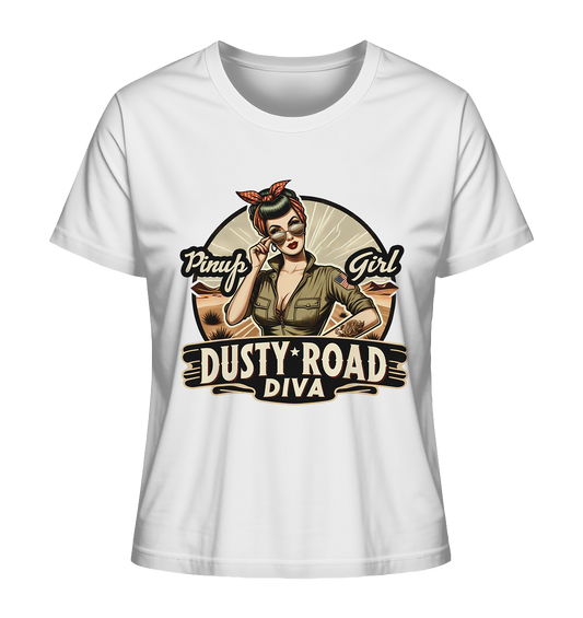 Weißes T-Shirt mit Rockabilly Motiv: Dusty Road Diva Schriftzug und 50er Jahre Frau.