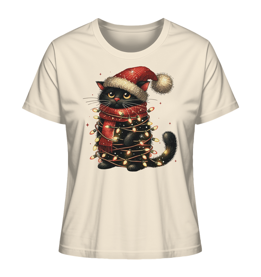 T-Shirt in Natural Raw mit schwarzer Katze in Weihnachtsmütze und Lichterkette
