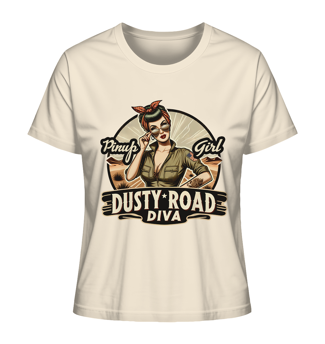 Beiges T-Shirt mit Rockabilly Motiv: Dusty Road Diva Schriftzug und 50er Jahre Frau.