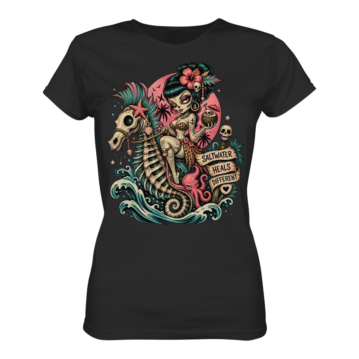 Aloha Skully Girl auf Seepferdchen – Retro Gothic Ladies T-Shirt
