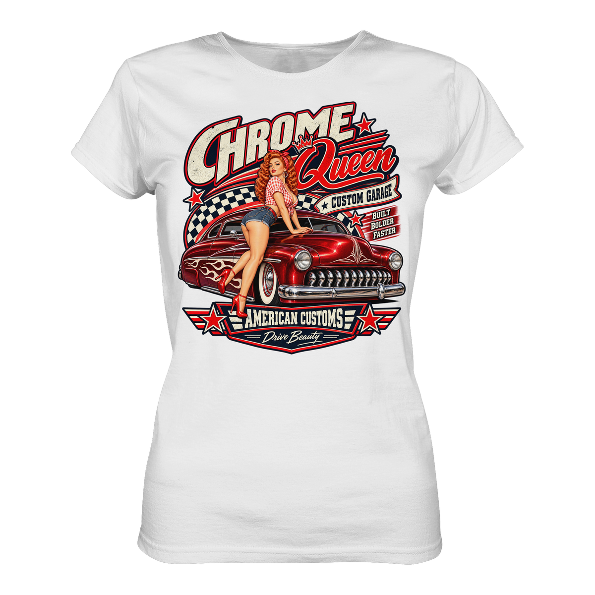 Chrome Queen – Retro Rockabilly Pin-up Ladies T-Shirt weiß Produktansicht