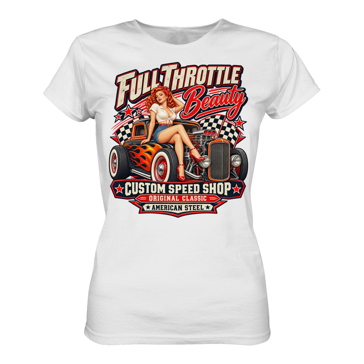 Full Throttle Beauty – Vintage Rockabilly Pin-up Ladies T-Shirt weiß Produktansicht