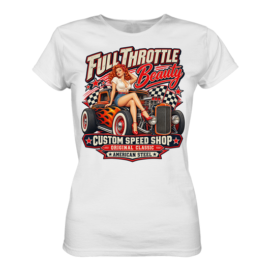 Full Throttle Beauty – Vintage Rockabilly Pin-up Ladies T-Shirt weiß Produktansicht