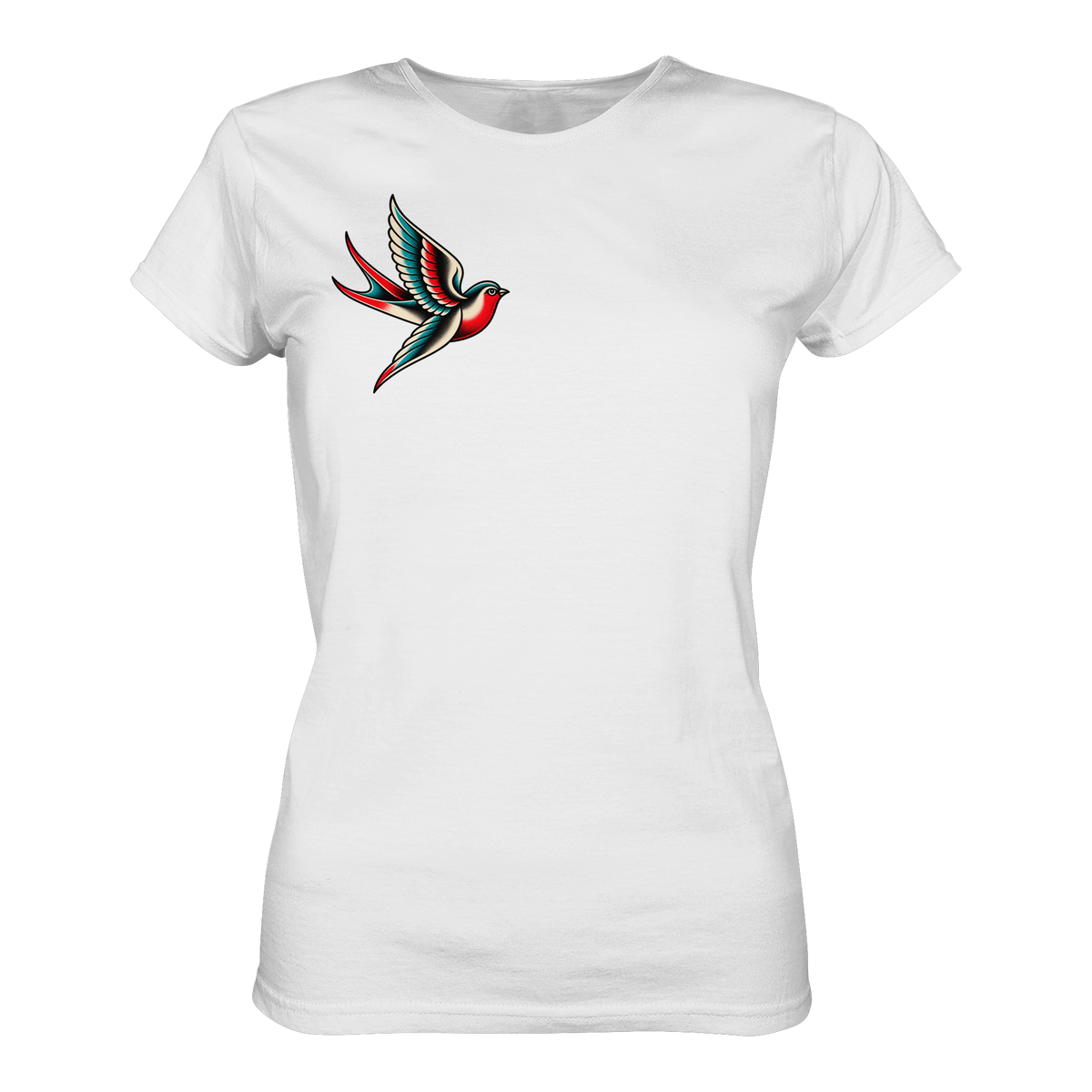 Rockabilly Swallow – Schwalben, beidseitig bedruckt Ladies T-Shirt weiß Rockabilly Lifestyle Ansicht