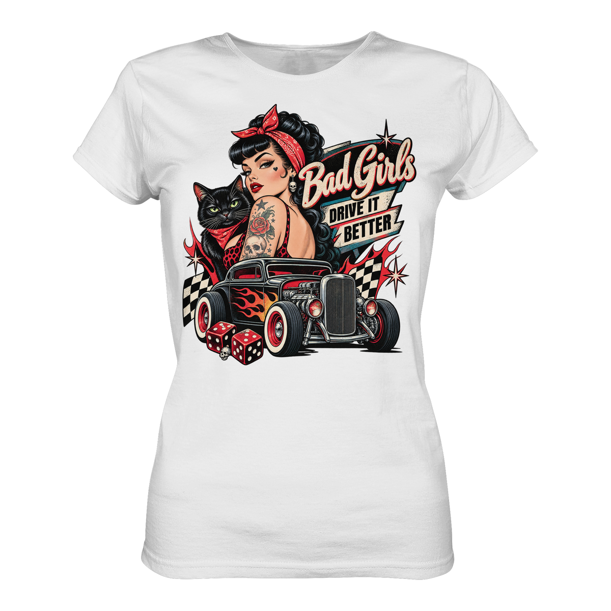 Bad Girls Drive It Better – Rockabilly Ladies T-Shirt weiß Produktansicht