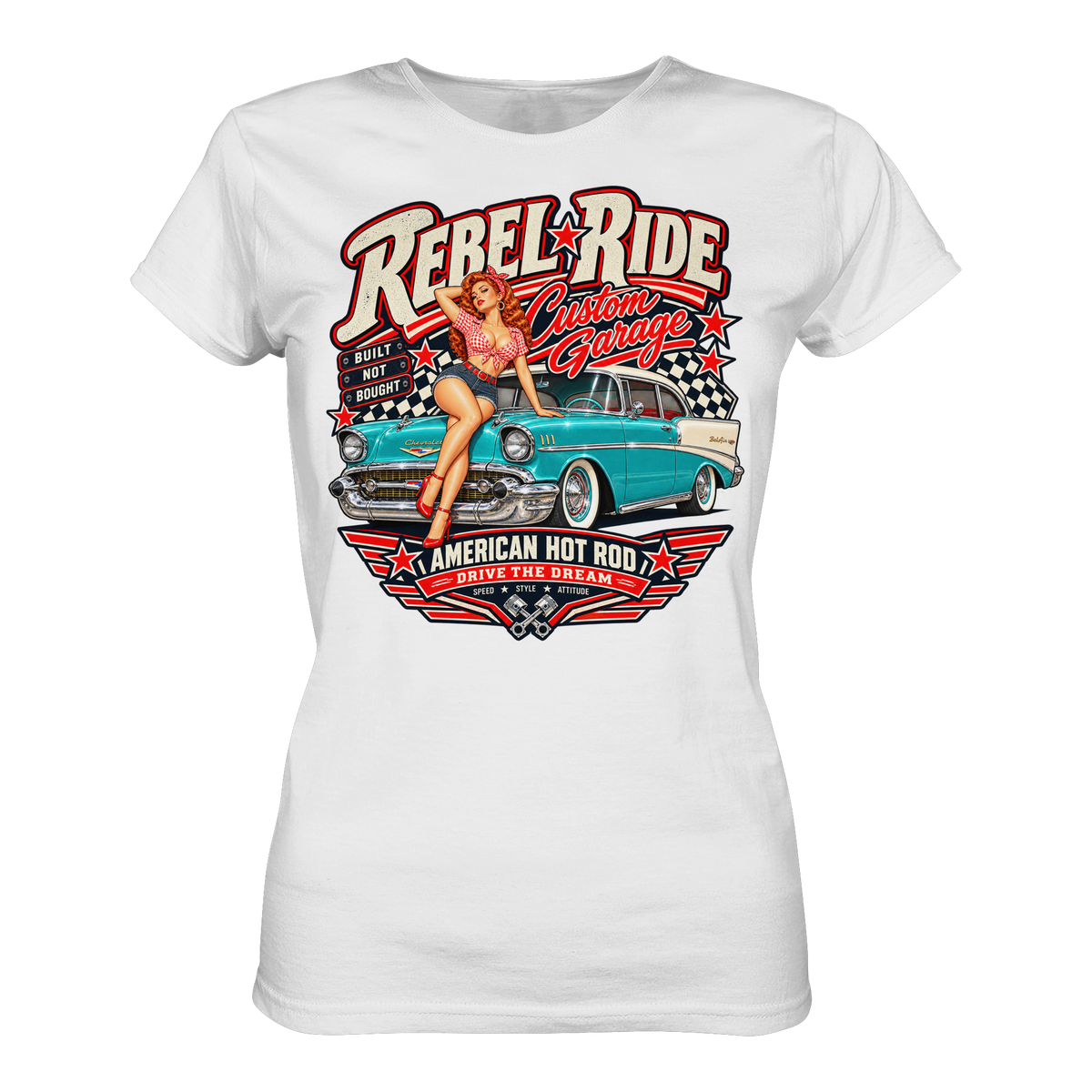 Rebel Ride – Custom Garage Pin-up Ladies T-Shirt weiß Produktansicht