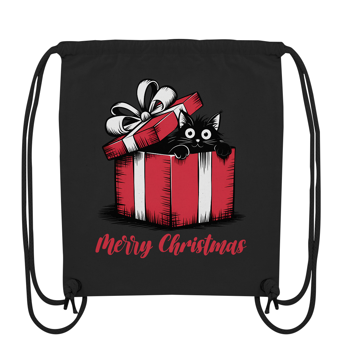 Schwarze Katze sitzt in Geschenkbox mit Schriftzug „Merry Christmas“, Motiv auf Gym-Bag in Schwarz