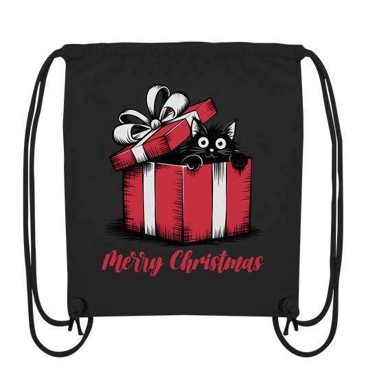 Schwarze Katze sitzt in Geschenkbox mit Schriftzug „Merry Christmas“, Motiv auf Gym-Bag in Schwarz