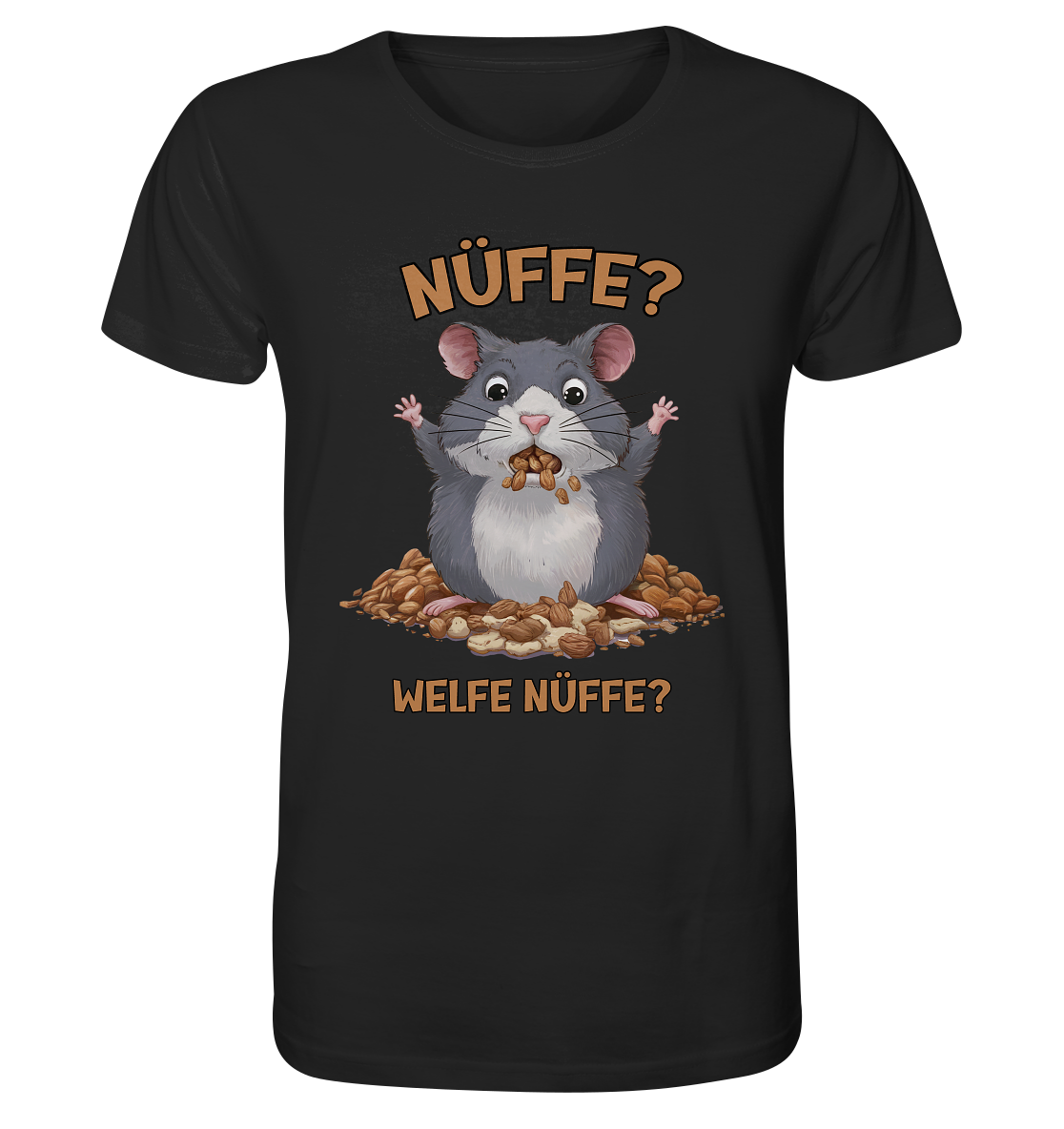 Unisex T-Shirt aus Bio-Baumwolle mit witzigem Hamster-Motiv und Spruch ‚Nüffe? Welfe Nüffe?‘ – niedliches Design in Schwarz