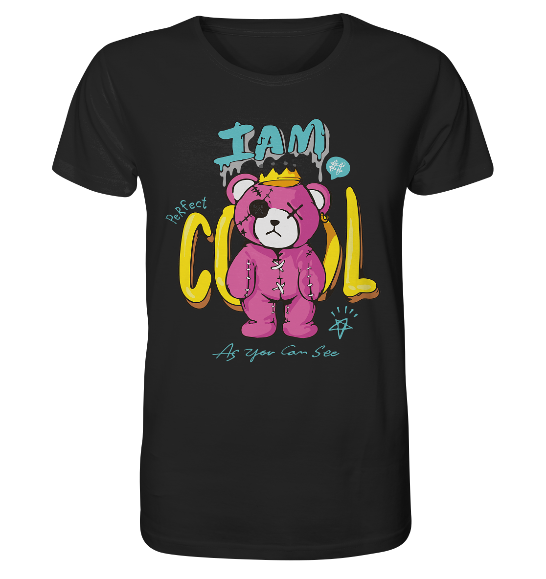 Schwarzes T-Shirt mit coolem Graffiti-Teddybär und Schriftzug „I am cool Teddy“