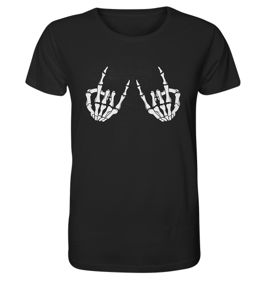Zwei Skeletthände auf schwarzem T-Shirt, die die Metal-Geste zeigen