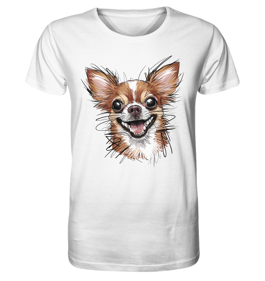Weißes T-Shirt mit Chihuahua-Motiv – realistisch gezeichnet.