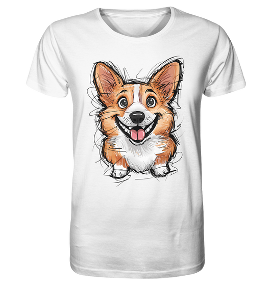 Weißes T-Shirt mit süßem Corgi-Hundemotiv, gezeichnet.