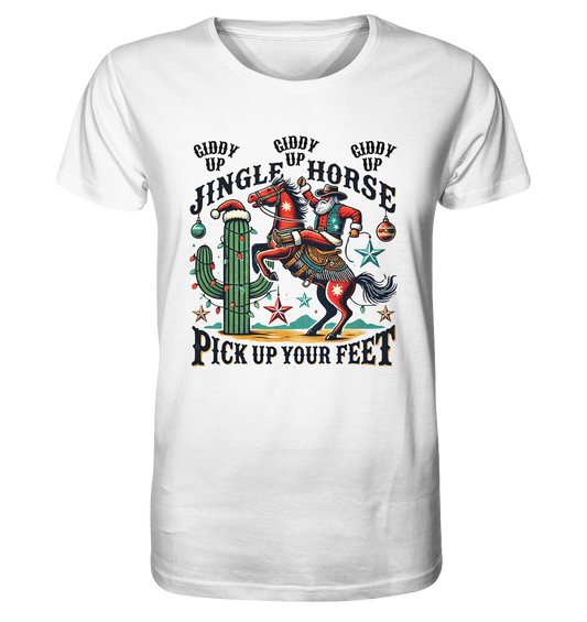 Weißes T-Shirt mit Cowboy-Weihnachtsmann auf steigendem Pferd und geschmücktem Kaktus