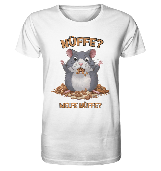 Unisex T-Shirt aus Bio-Baumwolle mit witzigem Hamster-Motiv und Spruch ‚Nüffe? Welfe Nüffe?‘ – niedliches Design in Schwarz, Weiß oder Natur