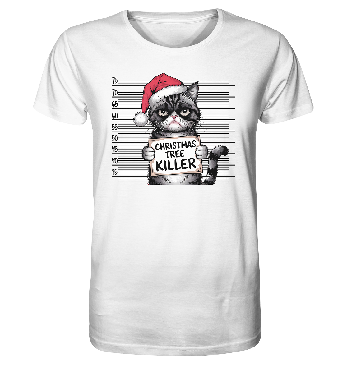 Weißes Shirt mit Katze mit Weihnachtsmütze. Schriftzug: Christmas Tree Killer.