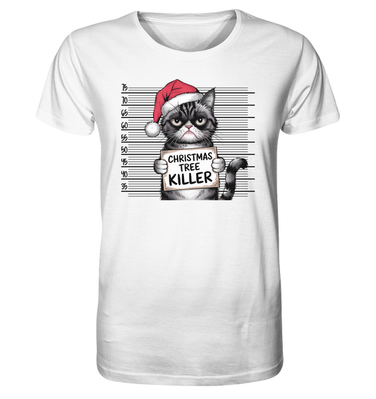 Weißes Shirt mit Katze mit Weihnachtsmütze. Schriftzug: Christmas Tree Killer.