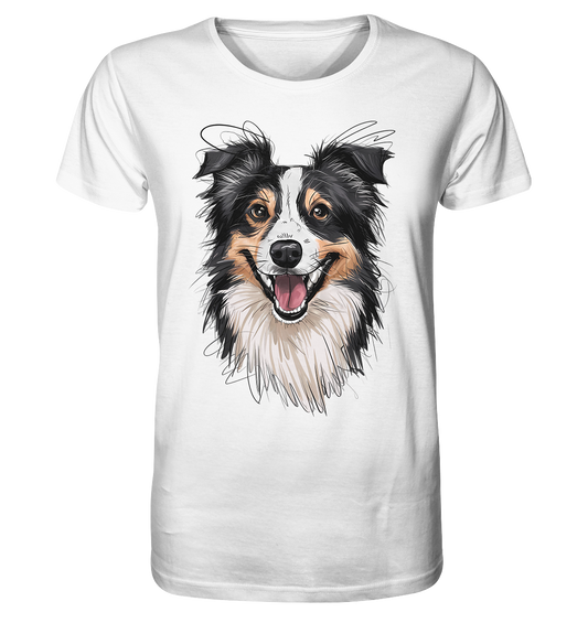 Weißes T-Shirt mit charakterstarkem Border Collie Hundemotiv mit aufmerksamem Blick