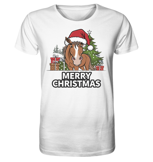 Weißes T-hirt mit Motiv: Pferd mit Nikolausmütze vor Weihnachtsbaum im Vintage-Stil