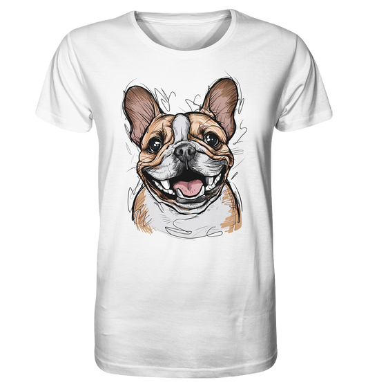 Grimmige französische Bulldogge als Comic-Motiv auf weißem T-Shirt