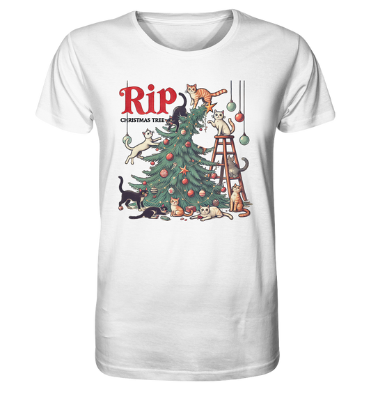 Weißes Shirt mit farbigem Motiv einer Katze auf einer Leiter, die mit einem Weihnachtsbaum spielt, viele Katzen um und auf dem Baum.