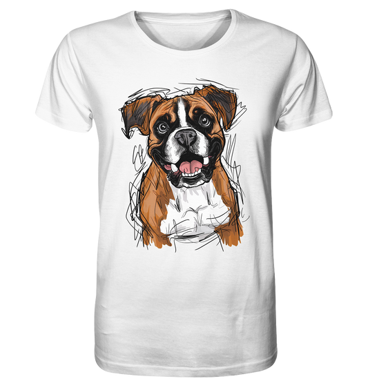 Weißes T-Shirt mit realistischer Darstellung eines Boxerhundes mit freundlichem Blick