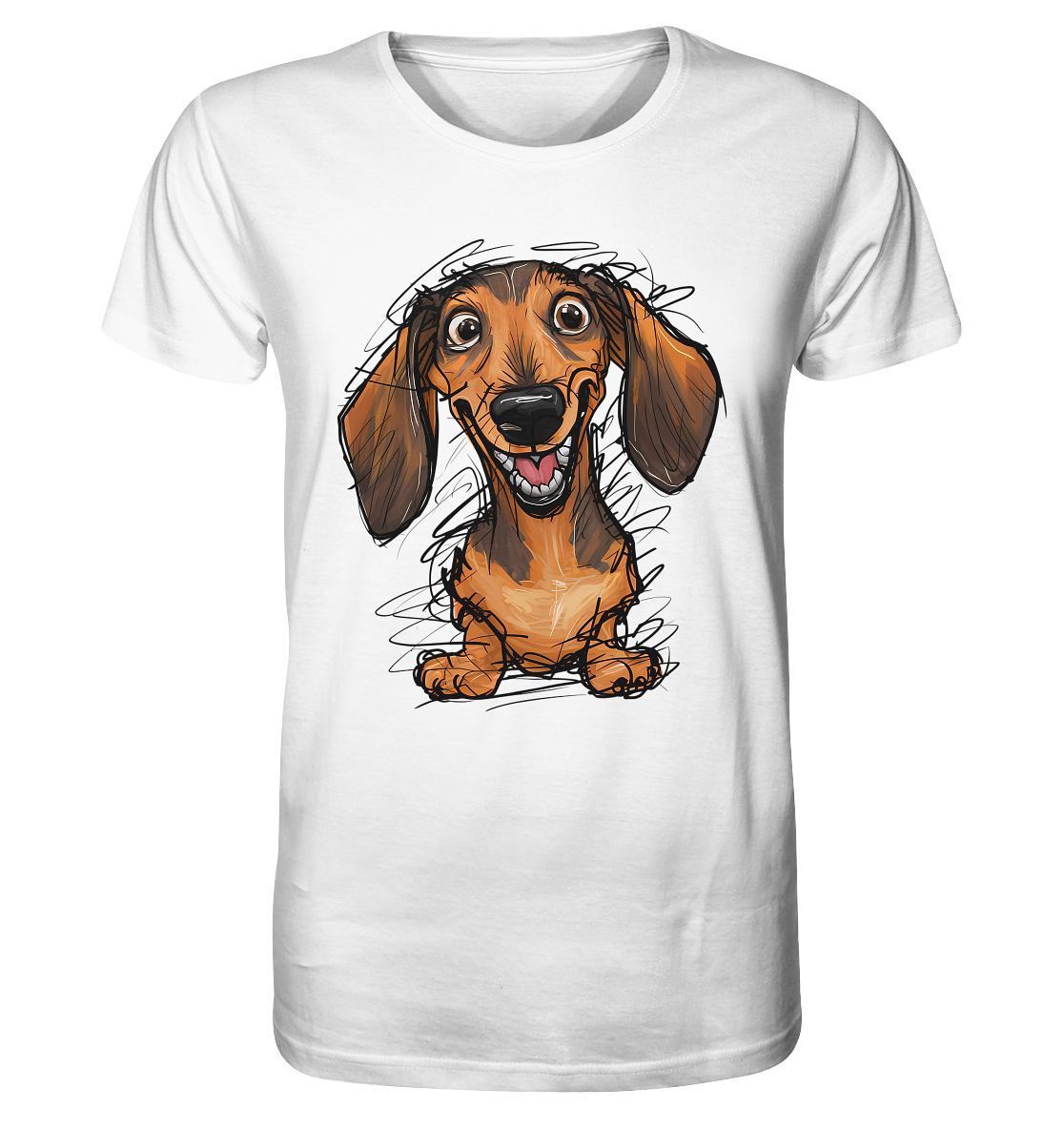 Dackel mit süßem Blick als Comic-Motiv auf weißem T-Shirt