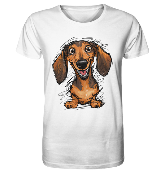 Dackel mit süßem Blick als Comic-Motiv auf weißem T-Shirt