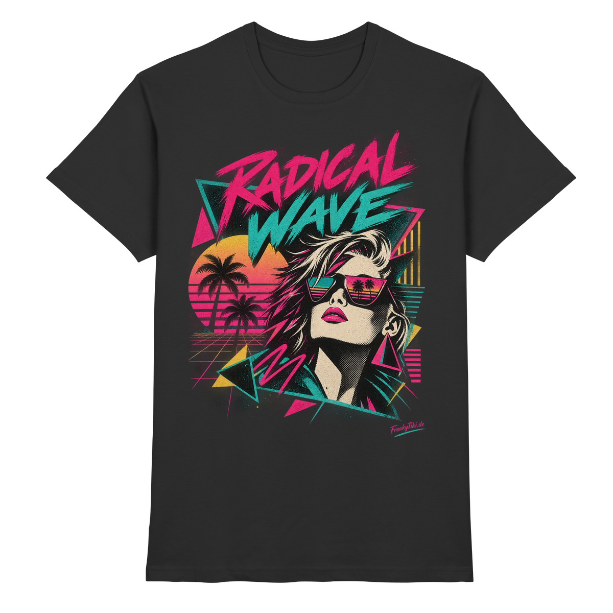 Schwarzes T-Shirt mit Frauenporträt mit Sonnenbrille, Palmen und Sonnenuntergang mit Radical Wave