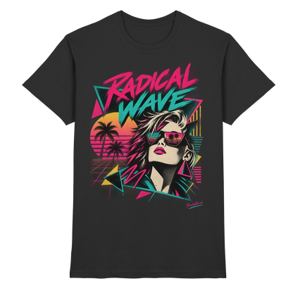 Schwarzes T-Shirt mit Frauenporträt mit Sonnenbrille, Palmen und Sonnenuntergang mit Radical Wave