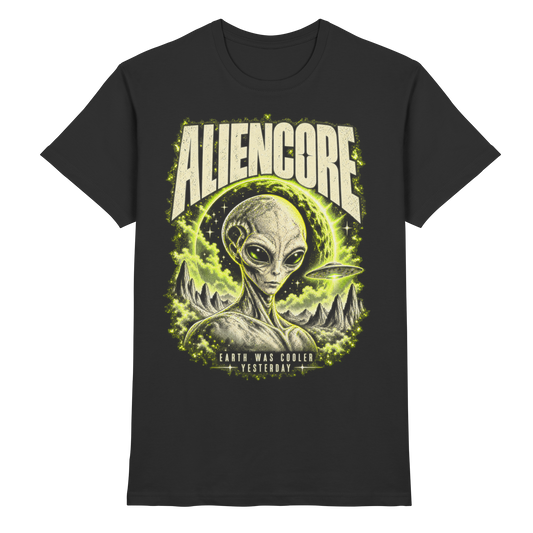 Schwarzes Aliencore T-Shirt mit Alien, UFO, limettengrünem Eklipsenring und Schriftzug Earth was cooler yesterday