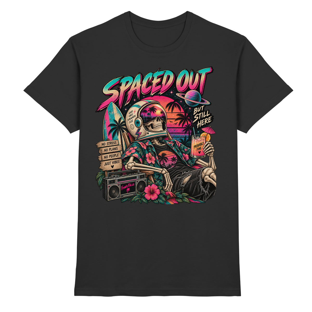 Spaced Out, But Still Here – 80s Retro T-Shirt schwarz Produktansicht