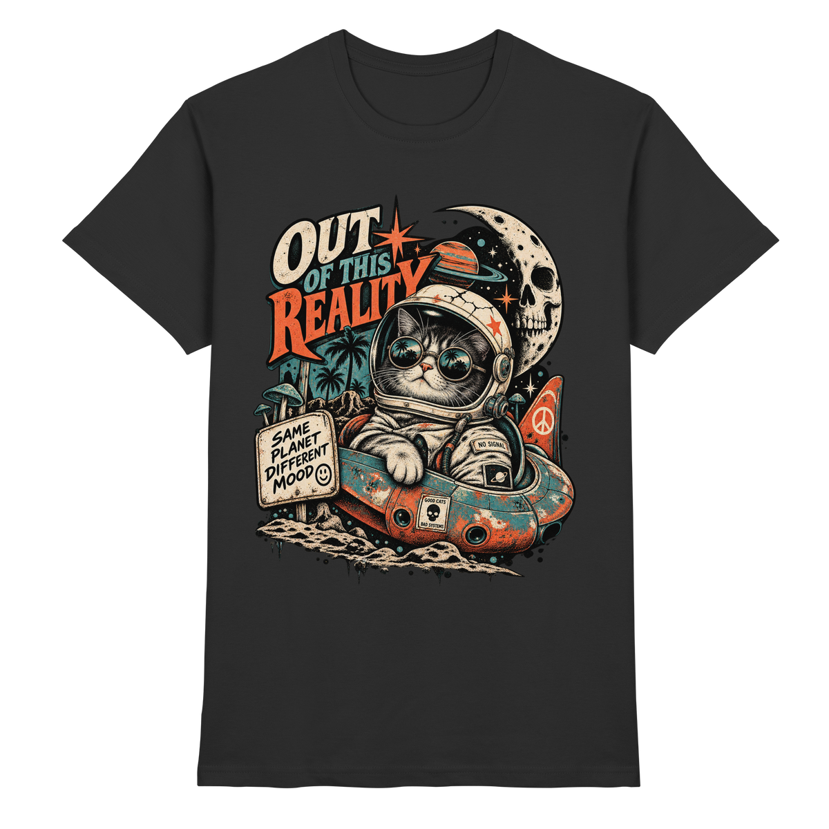 Schwarzes Unisex-T-Shirt mit Out of This Reality Katze und UFO Motiv