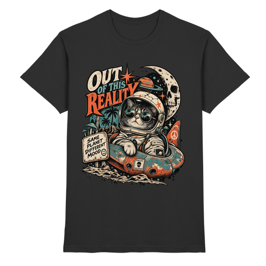 Schwarzes Unisex-T-Shirt mit Out of This Reality Katze und UFO Motiv