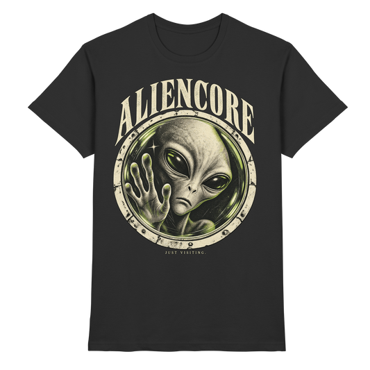 Schwarzes T-Shirt mit Alien-Porträt mit erhobener Hand im runden Aliencore-Emblem und Just Visiting