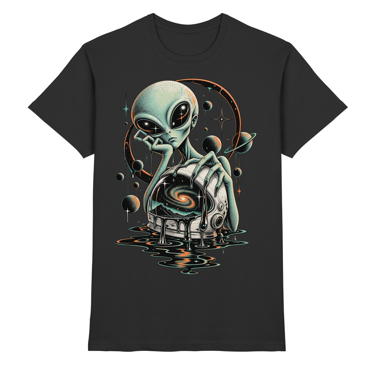 Schwarzes T-Shirt mit Gelangweilter Alien mit geöffnetem Helm, kosmischem Wirbel und Planeten