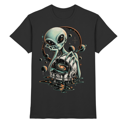 Schwarzes T-Shirt mit Gelangweilter Alien mit geöffnetem Helm, kosmischem Wirbel und Planeten