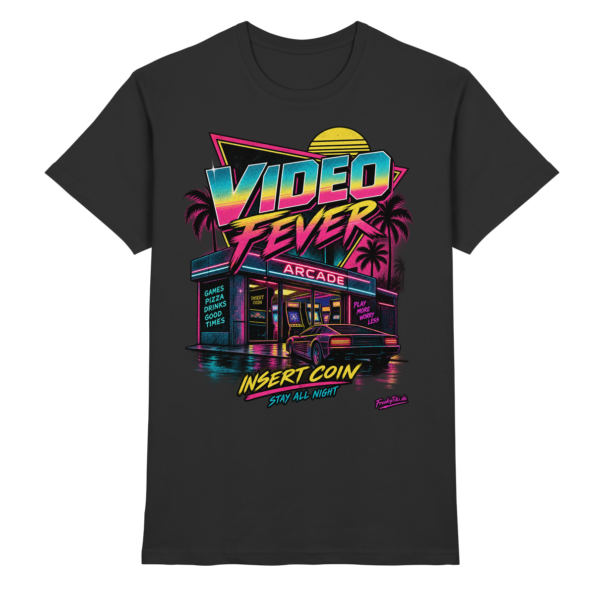 Schwarzes T-Shirt mit Neonfarbene Arcade-Fassade mit Video Fever und Insert Coin