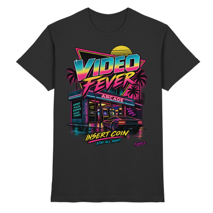 Schwarzes T-Shirt mit Neonfarbene Arcade-Fassade mit Video Fever und Insert Coin