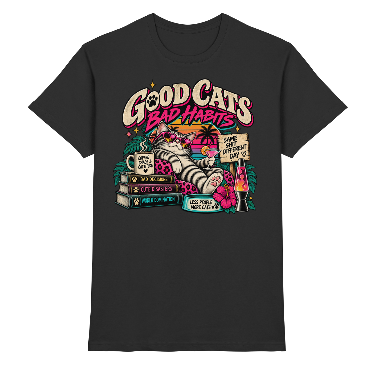Good Cats, Bad Habits – Retro Cat T-Shirt schwarz Produktansicht