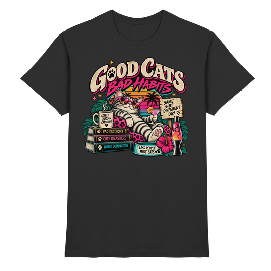 Good Cats, Bad Habits – Retro Cat T-Shirt schwarz Produktansicht