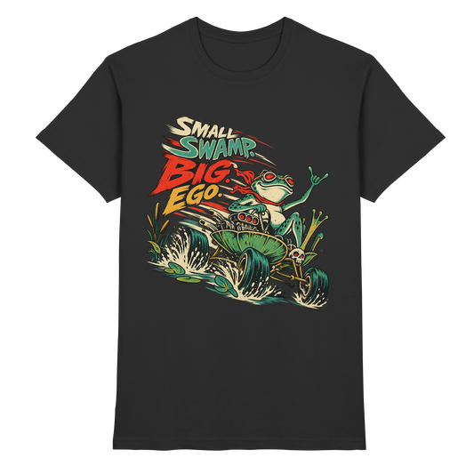Schwarzes Small Swamp Big Ego Frosch Hotrod T-Shirt von FreakyTiki