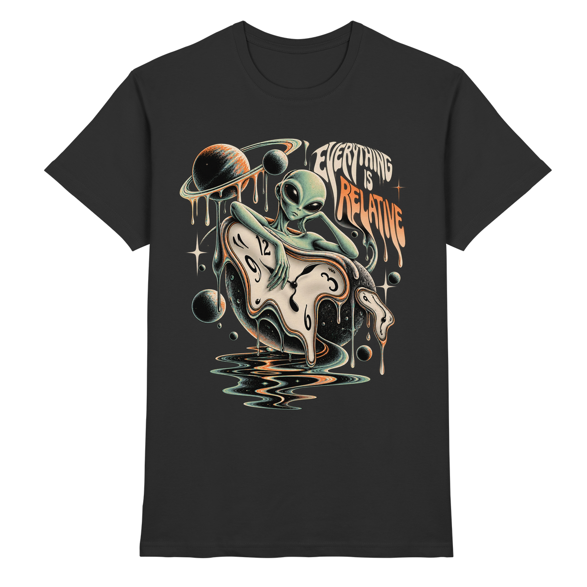Schwarzes T-Shirt mit Alien, zerfließende Uhr und Planeten mit Everything Is Relative